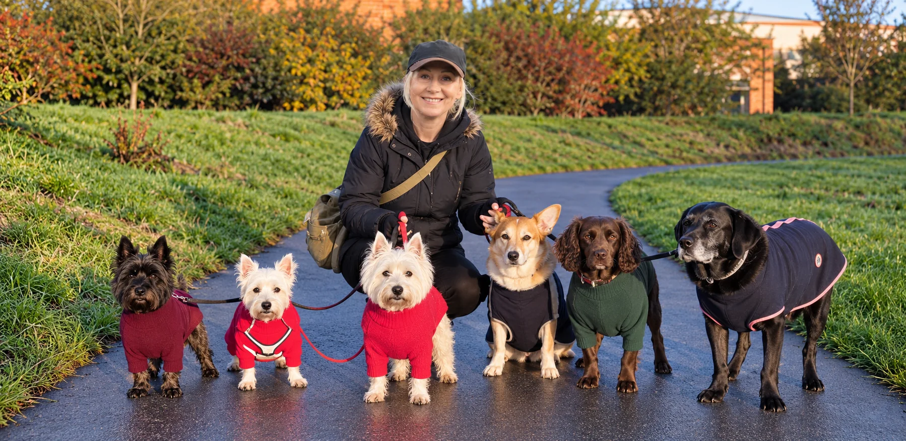 Michelle kneeling with six dogs on a Leicester walk